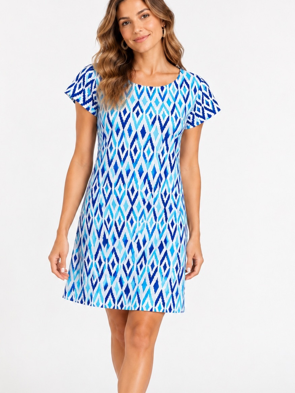 Hatley 100% Cotton Geometric Ikat Shift Dress Blue Teal Short Sleeve M Coastal